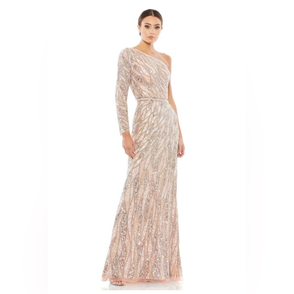 Mac Duggal Embellished One Shoulder Sequined Belt Floor Length Mermaid Gown